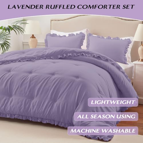 Image of HARBOREST Twin Comforter Set Lavender - Ruffle Comforter for Twin Size Bed, Fluffy Twin Size Comforter Set for All Seasons, 2 Pieces Shabby Chic Bedding Comforter Sets(1 Comforter & 1 Pillow Sham)