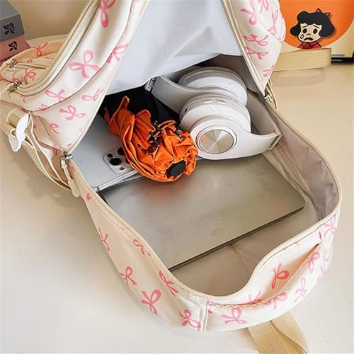 Bow Backpack For Girls, Nylon With Pattern, With Built-in Organizer With Crossbody Bag And Wallet (D)2