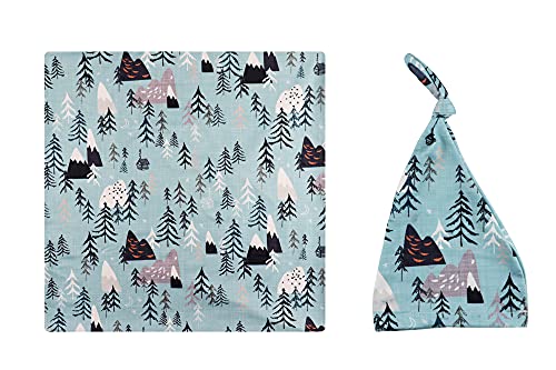 Image of Newborn Swaddle Sets with Beanie and a Name Card Baby Snug Wrap Receiving Blanket for Baby Boys Girls (Mountain&Tree)