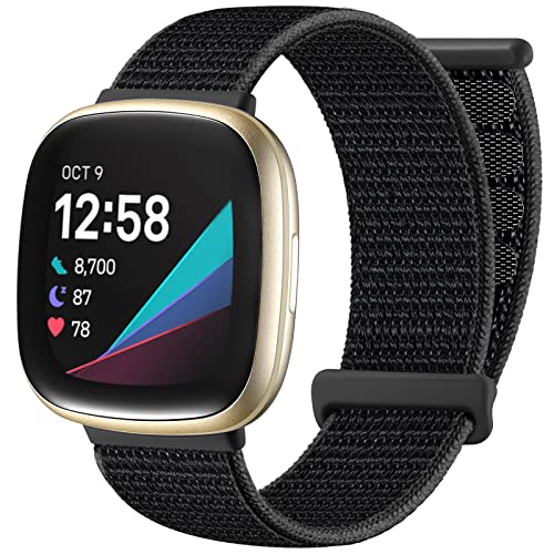 Ouwegaga Armband Kompatibel mit Fitbit Versa 3/Sense Armband, Weiche Nylon Verstellbare Geflochtene Gewebe Ersatzgurte Kompatibel mit Fitbit Versa 3/Sense für Damen Herren, Schwarz Cover