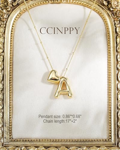 Heart Letter Necklace, 14k Gold Plated Initial Dainty Necklace for Women, Chunky Bubble Balloon Charm Pendant Name Personalized Jewelry Gift 5