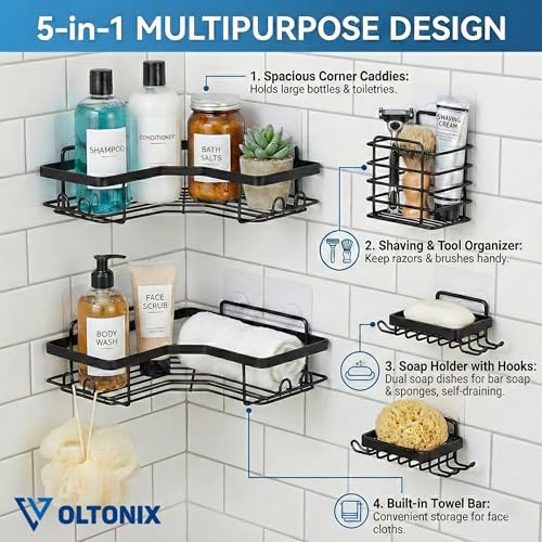 Image of Corner Shelf /Rack for BathroomWithout Drill Wall Metal Self Adhesive Bathroom Shelf /Shelf for Kitchen Corner Rack Wall Mounted Bathroom Fittings /Storage (5-pcs)
