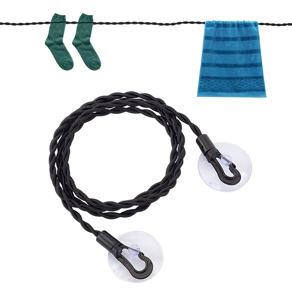 GORGECRAFT 2Pcs Travel Clothesline Black Nylon Stretch Rope Portable Retractable Laundry Windproof Clothing Drying Line with Hooks Suction Cup Holders for Camping Indoor Outdoor Accessories