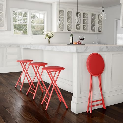 Image of Lavish Home Folding Stool with Padded Backless Seat Set of 4, Red, 24 inch | Counter Height Bar Stools with 225lb Capacity, Portable Indoor & Outdoor, Extra Seat for Kitchen, Rec Room or Camping