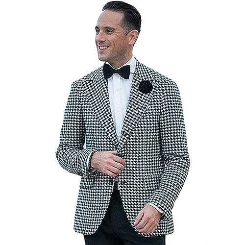 Mens Houndstooth Grid Plaid Tuxedo Blazer Dogstooth Peak Lapel Suit Business Dress Slim Fit Suit Customize2