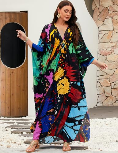 Image of MAKABO Kaftan Dresses for Women, V Neck Moo Moos Colorful Print Cover Ups Caftan Beach Dresses for Swimwear