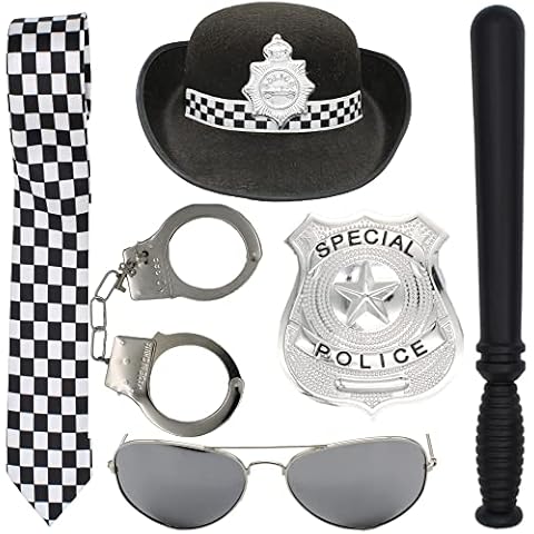 Cherry-on-Top Woman Police Set with Check Tie, WPC Hat, Badge, Cuffs, Glasses and Batton Fancy Dress Halloween Cover