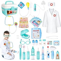 Maletin Medico Infantil deAO Maletín de Doctor y Dentista Conjunto 2en1 Doctor y Enfermería Clínica Dental Juego para Niños y Niñas Incluye 17 Accesorios Luces y Sonidos Juegos de Imitación (Azul)