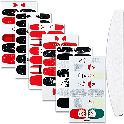 WOKOTO 6 Sheets Adhesive Nail Art Polish Stickers Strips Set With 1Pc Nail File Nail Wraps Decals Manicure Kit For Christmas