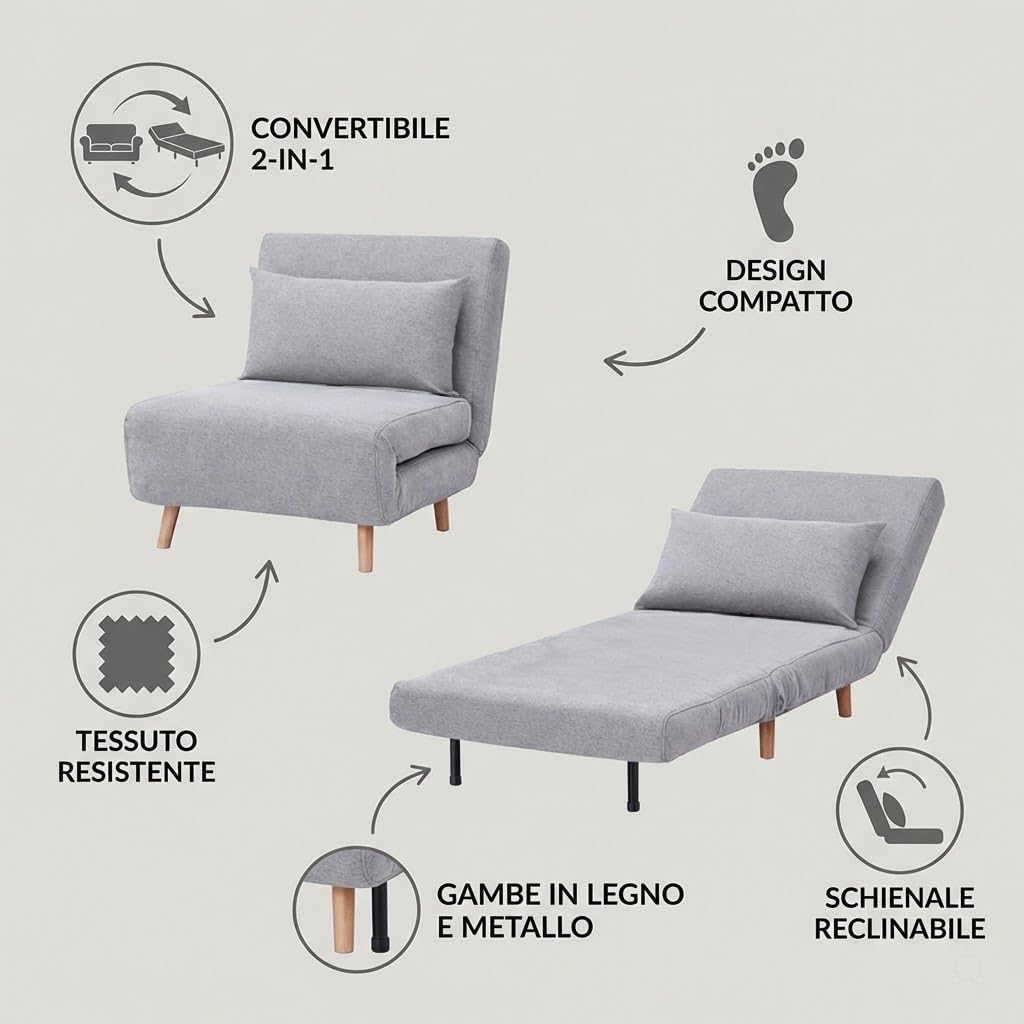 HEMAX Pouf Letto Convertibile 4 in 1, Poltrona Letto – Grigio Chiaro
