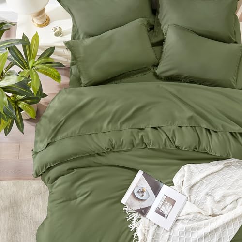 Image of Andency Full Size Comforter Set with Sheets Olive Green -7 Pieces Bed in a Bag Boho Tassel Bedding Sets, All Season Fringe Bed Set with Comforter, Sheets, Pillowcases & Shams