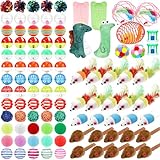 Lenwen 100 Pcs Cat Toys Set Bulk Cat Fur Mice Toys Variety Plastic Ball with Bell Furry Pompom Rattle Mouse Assorted Interactive Catnip Toy Pillow Chew Nice Gift for Indoor Kitten Cats Catch Play