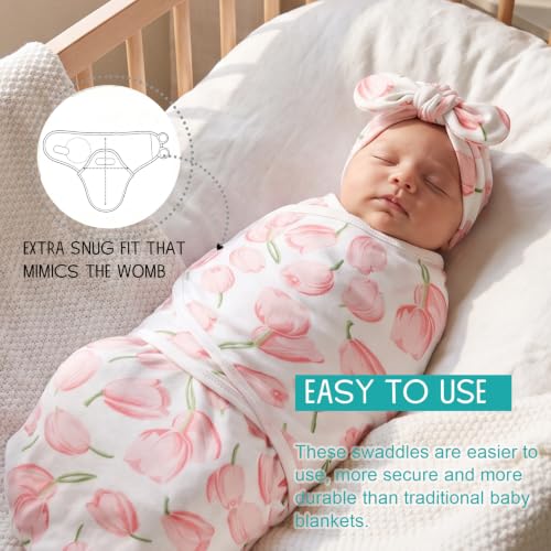 Image of DRESHOW BQUBO 3 Pack Newborn Baby Swaddle Blanket with Hats Infant Adjustable Velcro Swaddling Wraps with Bear Ears Cap for 6-12 Lbs Newborns & 0-3 Months Girls Boys