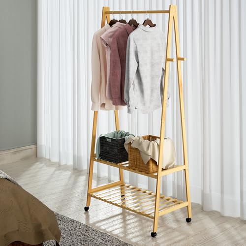 CASARIA® Perchero de Pie Ruedas 2 Estantes Burro Ropa Robusto 4 Ganchos Madera Bambú 155x70cm Dormitorio Pasillo Organizador Colgador Moderno Natural - imagen 6