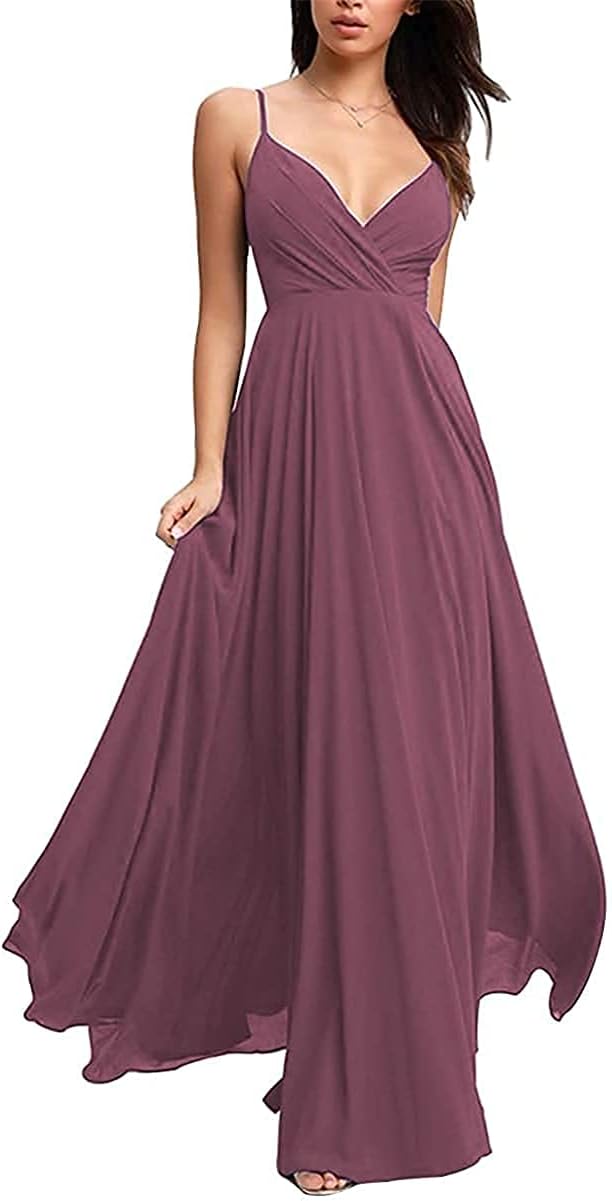 Spaghetti Strap V Neck Junior Bridesmaid Dresses Long for Wedding Chiffon Prom Formal Maxi Dress Women