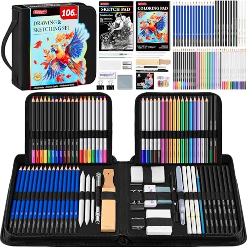 106 Pack Drawing Set Sketching Kit, Pro Art Supplies with 3-Color Sketchbook, Coloring Book, Graphite Colored Charcoal Watercolor & Metallic Pencils, Drawing Supplies Gift Case for Artists Adults Kids