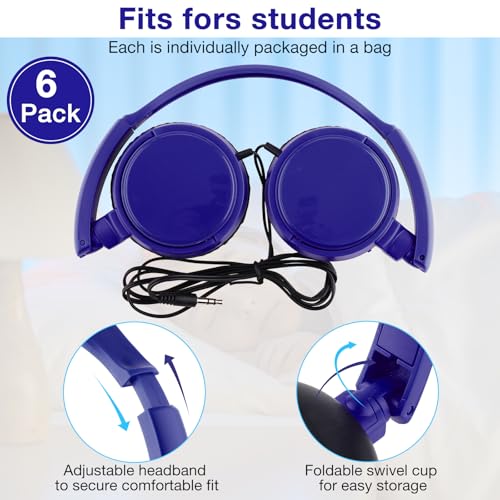 Image of Yunsailing 6 Pack Classroom Headphones Bulk, Wired Headphones,Navy Blue | Student School Supplies, Individually Wrapped, Adjustable, over Ear Head Earbuds, for Laptop PC Computer