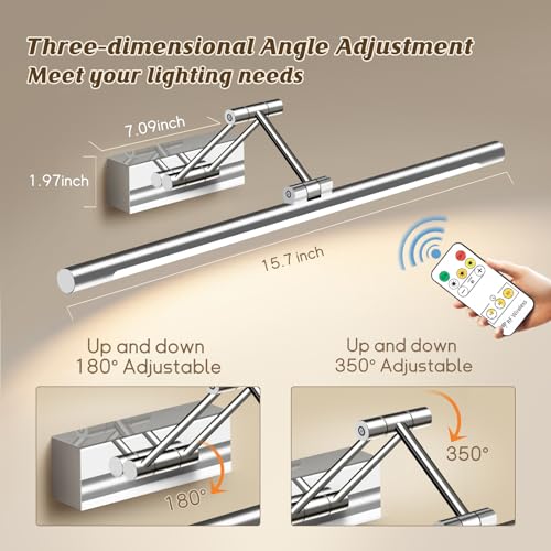 Image of Silvery Picture Light Natural Light Spectrum CRI 97+ with Remote Control, 16 Inches, Battery Operated, 3000-6000K, Cordless Art Wall Sconce