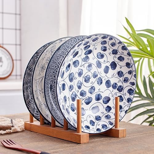 Swuut Zestaw ceramicznych misek do makaronu, niebiesko-biała miska do sałatki, 20 cm, płytkie talerze, zestaw 6 sztuk, do serwowania przystawek, deserowych przekąsek (20 cali x 6 szt.)