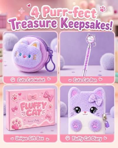 Image of Cat Diary with Lock for Girls Ages 4-12, Fuzzy Secret Journal Notebook Set