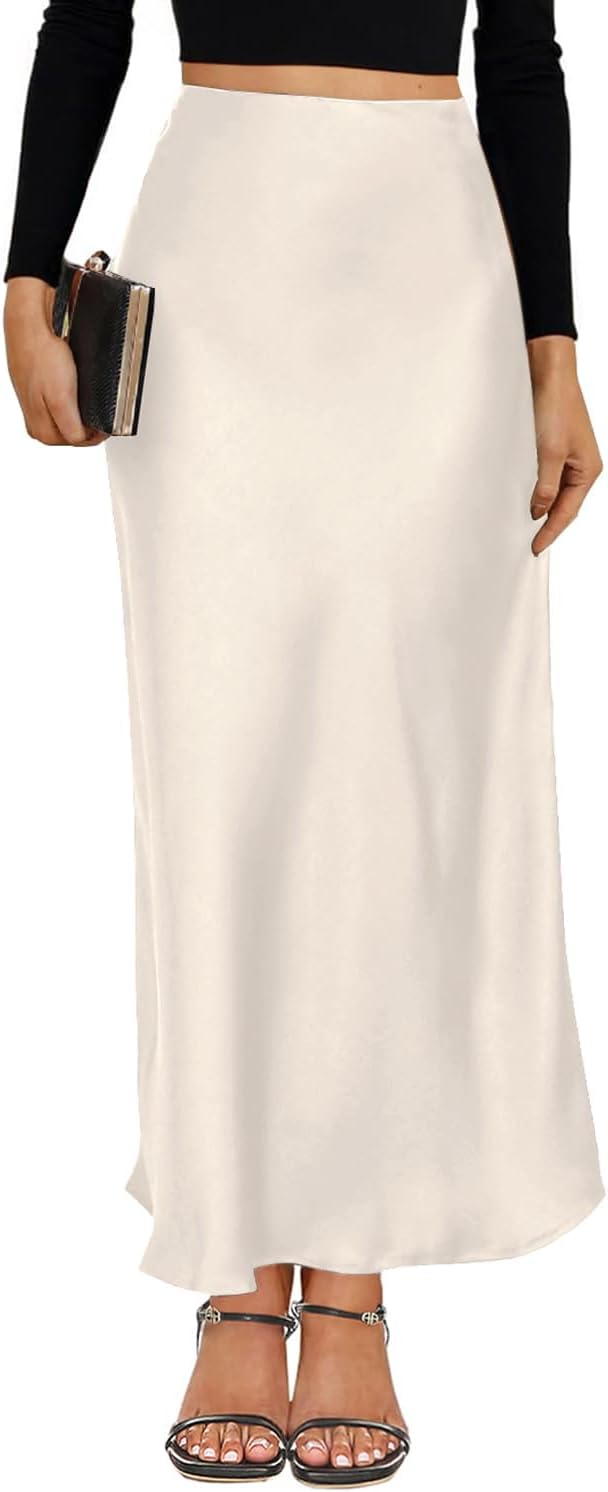 VividMosaic 2025 Satin High Waisted Maxi Skirt Silk A-Line Spring Summer Casual Long Skirts for Women Large Beige