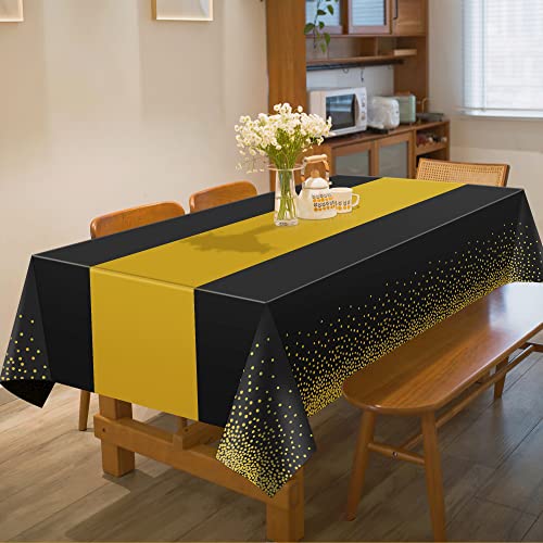 Image of OHOME New Years Decorations 2027-4 Pack Disposable Plastic Table Cloths,Black and Gold Table Covers for 50th Birthday Retirement Graduation Decorations Backdrop | New Years Eve Party Supplies Favors