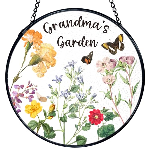 TNUW Grandmas Garden Stained Glass Window Hanging Grandma Gifts from Grandkids Sun Catchers Indoor Window Glass Round Wall Art Decor Grandmother Gifts Wall Hanging Decorations 7.9x7.9