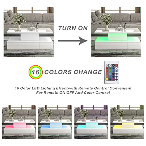 39Inch Led Coffee Table Cocktail Table With Storage Drawer, Modern Style Furniture Industrial Design Center Table With Led Lighting For Living Room, 16 Colors Rgb With A Remote Control, White #TOP3