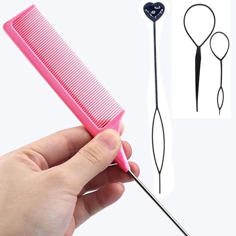 LIFULANDIAN 1 PCS Steel Pin Rat Tail Combs for Women - 2PCS Braid Tool Loop - 1PCS Braid Ponytail Maker, Hair Styling Tools Cover