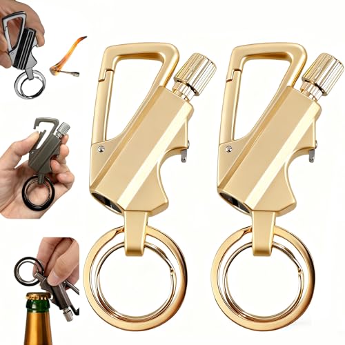 Keychain Lighter Metal Permanent Match Kerosene Lighter Reusable Waterproof Windproof EDC Emergency Flint Fire Starter With Multitools Bottle Opener for Outdoor Survival Gift for Men(Gold)