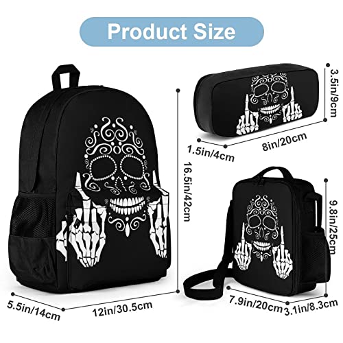 Delerain Skull Middle Finger 3 Pcs Backpack Set for Kids Back to School Bookbag with Lunch Box and Pencil Case Durable Lightweight Travel for Teens Students Boys Girls2