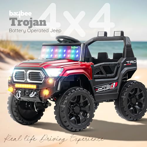 Image of Baybee Trojan Battery Operated Jeep for Kids with RGB Windshield Light, Bluetooth, USB & Music | Baby Big Ride on Battery Car | Electric Jeep Car for Kids to Drive for 2 to 6 Years Boys Girls (Red)