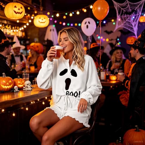 Image of Roshop Halloween Pajama Women's Pumpkin Matching Top & Shorts Loungewear Set