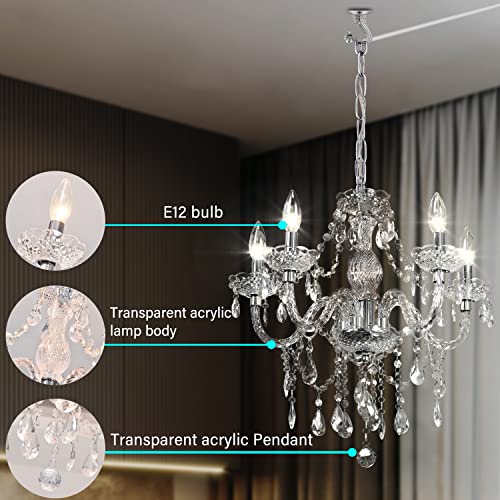 PAPAYA Plug-in 5 Light Crystal Hanging Pendant Lights Acrylic Chandelier with Clear Cord & On/Off Switch H19 D19.7 for Kitchen Island Girls' Room Dining Area Laundry Pavilion. - Image 2