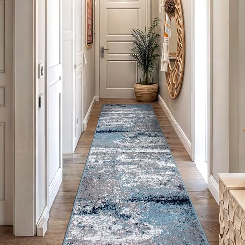 Rugshop Modern Distressed Blue Abstract Runner Rug Bohemian Inspired Watercolor for Hallway, Entryway and Kitchen 2' x 7'