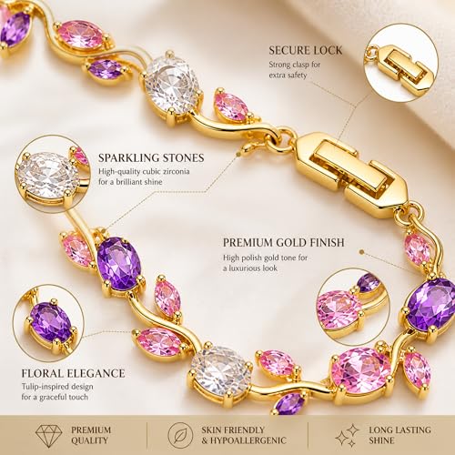 Image of Tulip Bracelet for Women & Girls, Gold Plated Pink Crystal Floral Bracelet, Adjustable Chain Stylish Jewellery, Elegant Gift for Her, Trendy Fashion Accessory