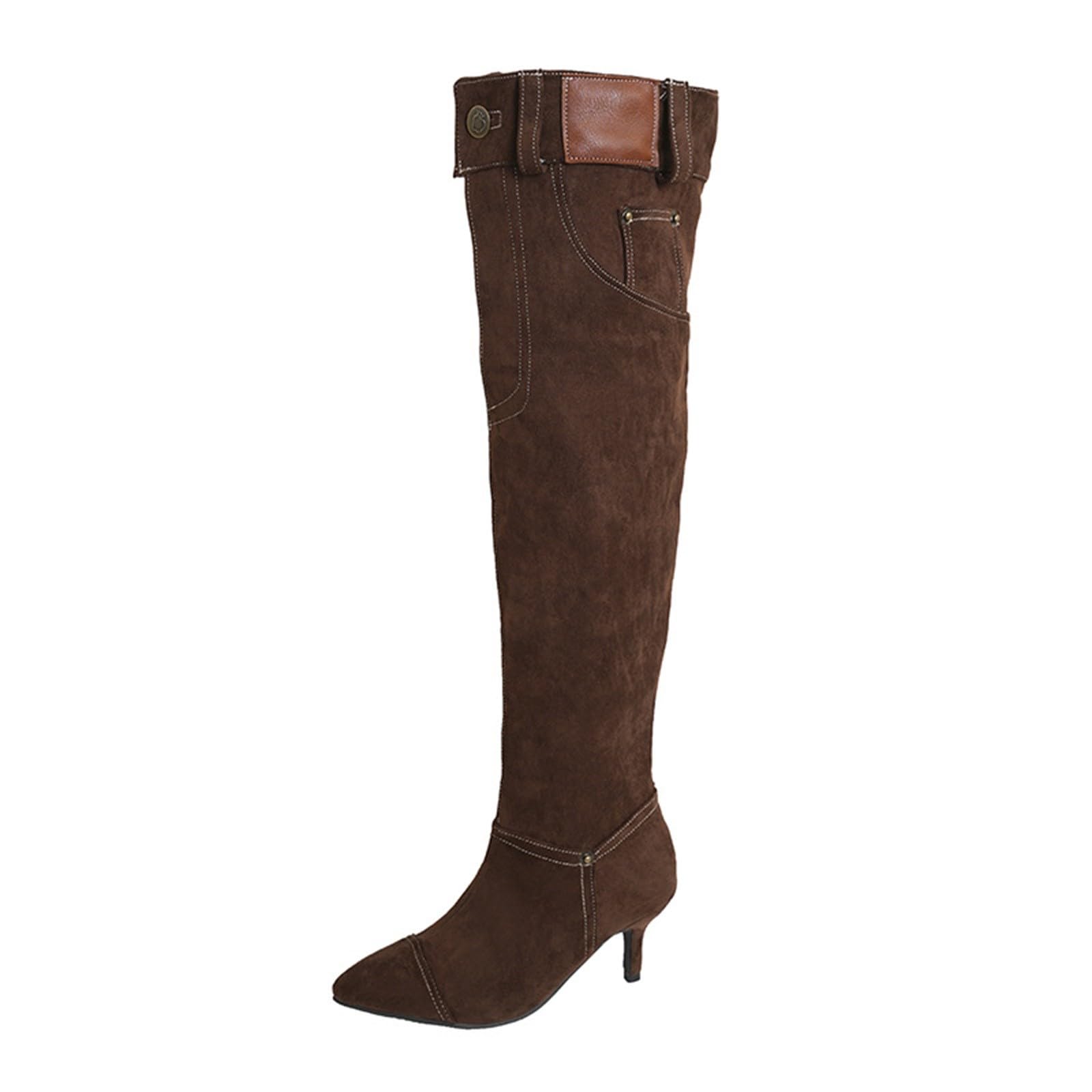 Damen Hohe Stiefel Für Retro Wildleder Boots Braun Stiletto Absatzschuhe