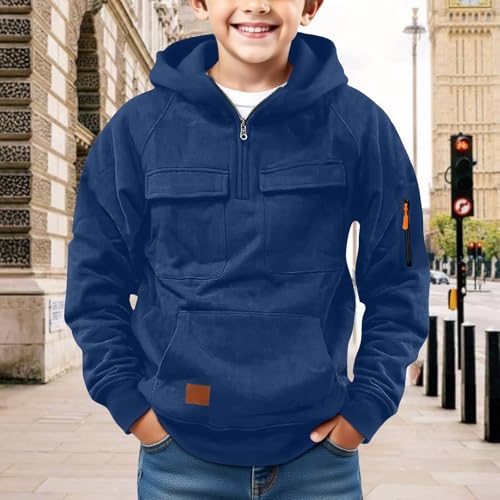 Boys Fleece Hoodies Half Zip up Cargo Jackets Pullover Hooded Sweatshirts Plain Thick Warm Cotton Outwear with Pockets 6