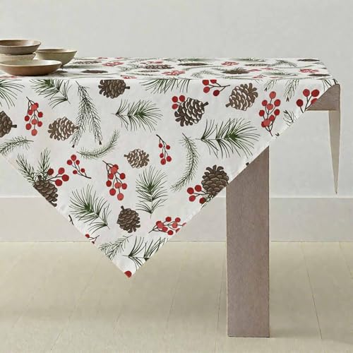 ViaElayu Toalha de mesa de Natal 85 x 85 cm ramos de pinheiro e ananás com padrão de bagas moderno elegante lavável rústico decoração de Natal mesa centro toalhas de mesa de Natal