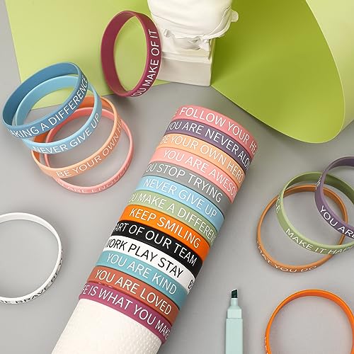 Image of JUNEBRUSHS 64pcs Motivational Quote Silicone Bracelets Colored Bulk