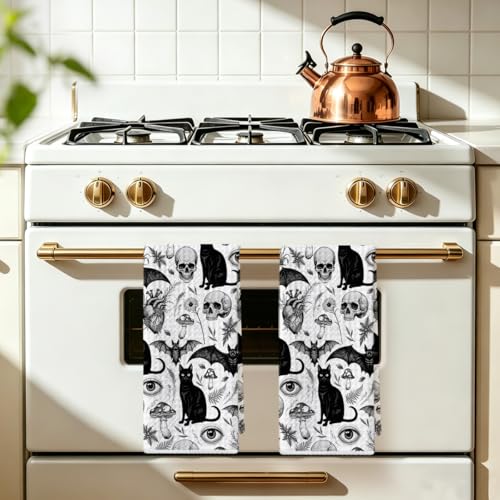 Image of 2Pcs Skeleton Cat Kitchen Towels, Mushroom Durable Microfiber Tea Towels for Kitchen Home Bathroom Farmhouse Decor, Eyes Bat Waffle Weave Dish Drying Towel, Cat Gifts for Women Friend, 24x14 Inch