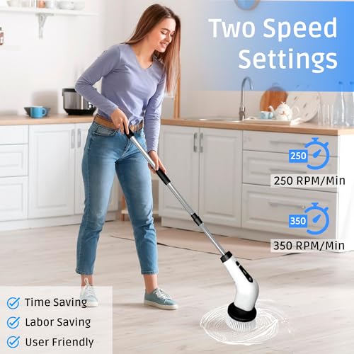 Image of an Store Electric Spin Scrubber - 2 Speeds Shower Scrubber with Long Handle 7 Replaceable Heads Shower Cleaner Brush Cordless Spin Brush for Cleaning (White)