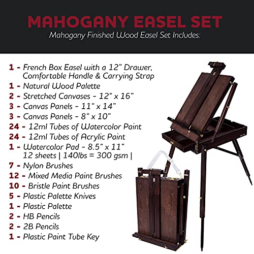 WA Portman 99 Piece Mahogany Easel Set - Complete Painting Supplies with Acrylic & Watercolor Paint - Art Supplies for Adults & Kids - Paint Easel Art Set - Art Easel for Adults & Children