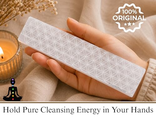 Image of Certified Selenite Crystal Charging Plate, 7.5 Inch Engraved Flower of Life Selenite Stick for Crystal Cleansing Re-Energy Work, Meditation and Pooja - Flower of Life