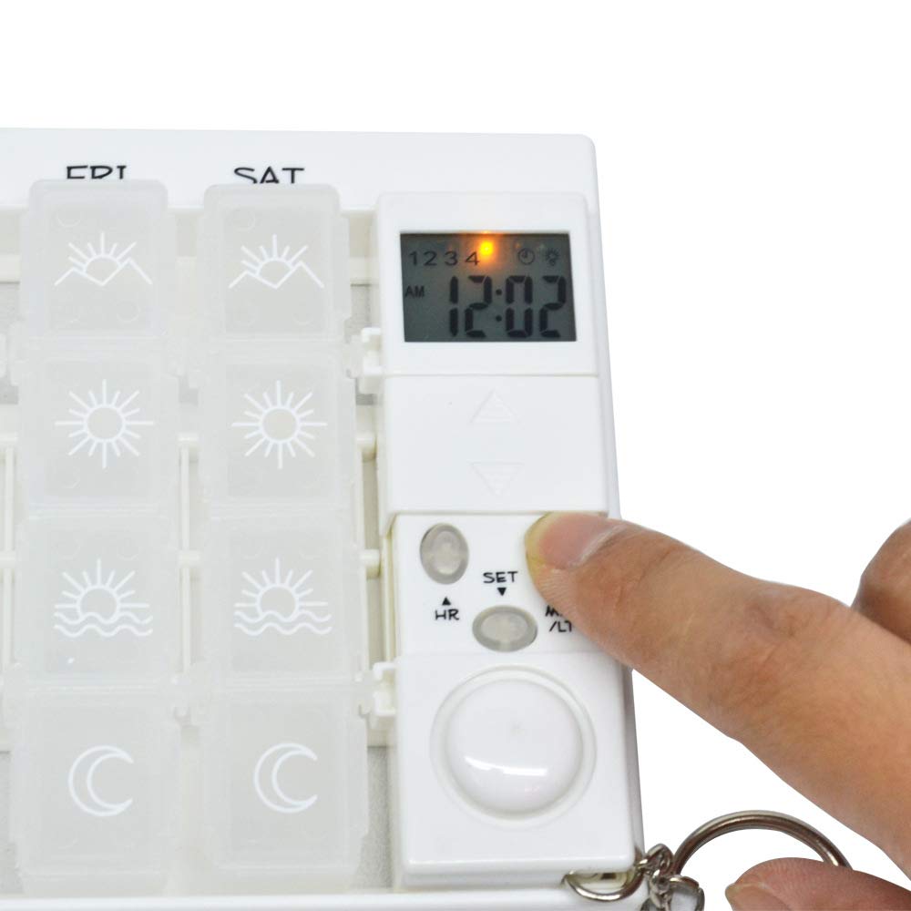 Portapillole 7 Giorni Pill Box Medicina Pillola Caso LED Timer Promemoria 28 Griglie Compresse Settimanali Dispenser di Pillole di Stoccaggio Sveglia Contenitore