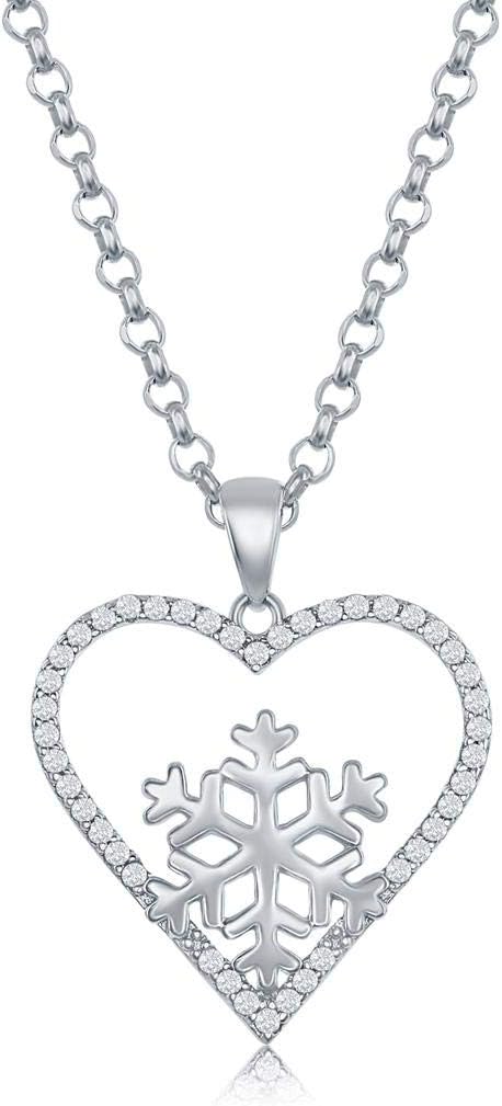 Sterling Silver Snowflake/Heart Necklace with Simulated CZ Diamonds 18" Pendant Necklace for Women