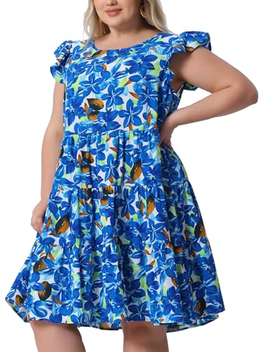Image of Agnes Orinda Plus Size Summer Dress for Women Boho Flutter Sleeves Round Neck Floral Print Tiered Babydoll Ruffle Dresses