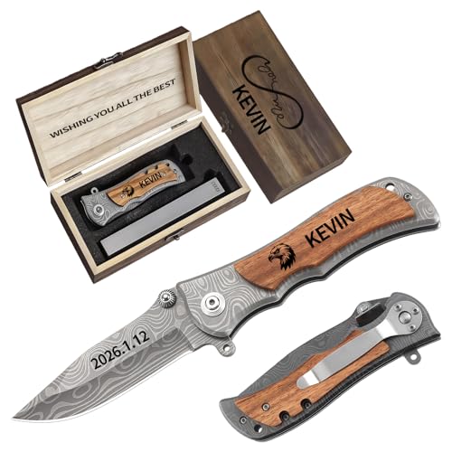 HRDCUSX Gifts for Men - Personalized Pocket Knife Customizable Wooden Handle Engraved Knife with Wood Box Custom Gifts for him Boyfriend Husband Birthday Anniversary Fathers Day