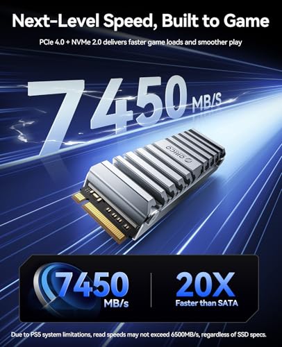 Image of ORICO OS5 1TB SSD for PS5 Expansion, M.2 PCIe 4.0 NVMe Drive with 7450MB /s Read Speed, TLC NAND, Pre-Installed Heatsink Engineered for PS5 Airflow Path, Ready for Direct Installation