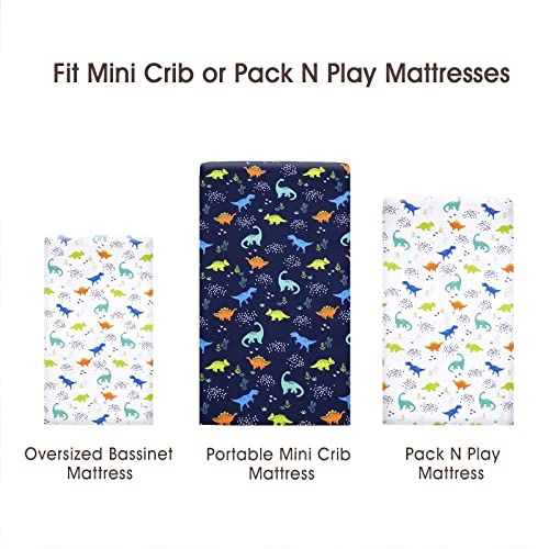 Image of PHF 3 Pack Soft Mini Crib Sheets, Dinosaur Pack N Play Sheets for Baby Boys Girls, No Slip Universal Fit for Pack N Play, Playard, Portable and Mini Crib Mattresses,Navy Dinosaur